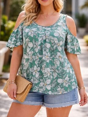 Max Studio Green Floral Cold Shoulder Blouse Boho Chic Flowy Top Summer Resort